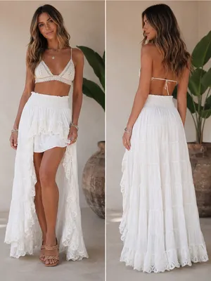 Solitaire High Low Ruffle Cottagecore Tiered Romantic White Peasant Maxi Skirt L thumbnail 2