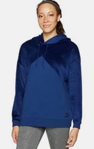 Puma Dark Blue Color Block Velour Velvet Oversized Hoodie Sweatshirt L Athletic thumbnail 1
