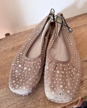 NWT Zara Taupe Rhinestone Satin Square Toe Studded Ballet‎ Flats 38 / 7.5 thumbnail 1