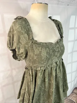 Altar’d State Olive Green Smocked Jacquard Puff Sleeve Layered Mini Dress Small thumbnail 2