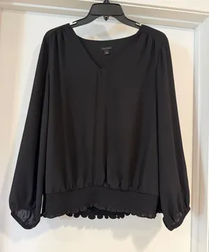 Ann Taylor Black V-Neck Long-Sleeve Smocked Hem Blouse thumbnail 1