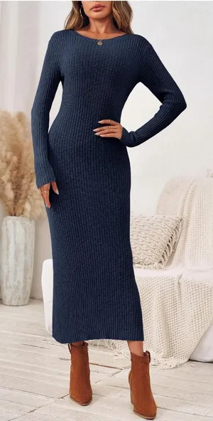 Amazon Ribbed MIDI Dress Blue thumbnail 1
