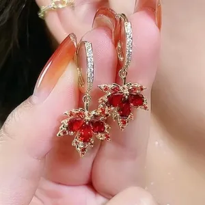 18K Gold Plated Crystal Maple Leaf Dangle Drop Earrings for Women thumbnail 1