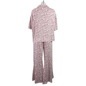 Munki Munki Peanuts Pink Short Sleeve Button Pants Sleepwear Pajamas Set Size M thumbnail 3