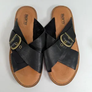 Born 8M Rio Slide Sandals Black Leather Buckle Crossover Strap Casual Boho Flats thumbnail 7