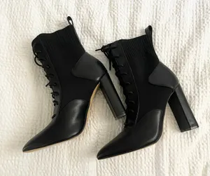 Pointed laced tie faux leather contrast pull on knit ankle boots thumbnail 1