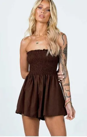 Princess Polly Sofia Strapless Romper Brown thumbnail 1