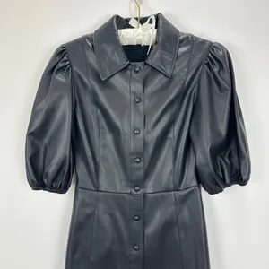 Lime Faux Leather Mini Dress Black Minimalist A Line Puff Sleeve Collared XS thumbnail 4