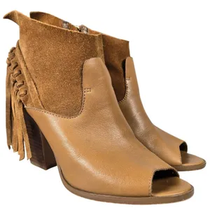 Marc Fisher Tan Leather Suede Fringe Peep Toe Ankle Boots Brown‎ Wood Heel 9 thumbnail 1