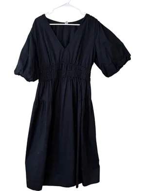 Old Navy‎ Black Cotton Poplin Puff Sleeve Smocked Empire Waist Midi Dress L Tall thumbnail 1
