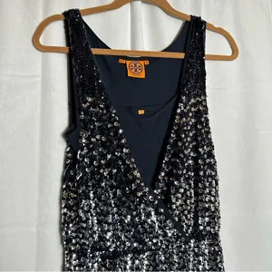 Tory Burch Black‎ & Silver Sequin V Neck Sleeveless Silk Mini Dress Size XS thumbnail 3
