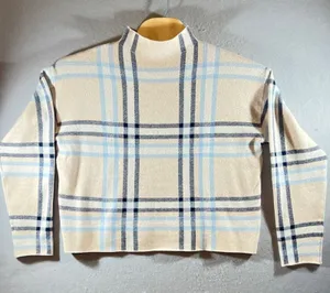 793 | Tahari Plaid Mock Neck Boxy Knit Sweater Tan Blue Women‎ XL thumbnail 1