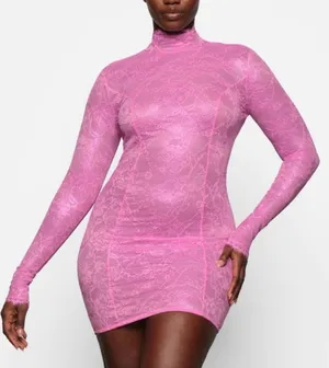 SKIMS Pink Lace Turtleneck Longsleeve Mini Dress thumbnail 1