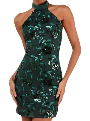 NWT Lulus Emerald Green Sequin Floral Halter Backless Mini Dress Size Small thumbnail 1