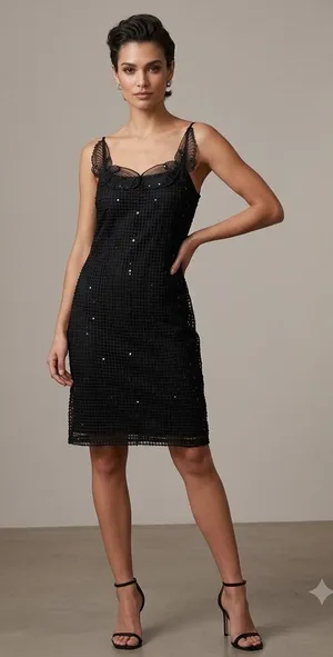 Vintage Joseph Ribkoff Black Sequin Mesh Lace Trim‎ Sheath Dress 40362 Womens 6 thumbnail 1
