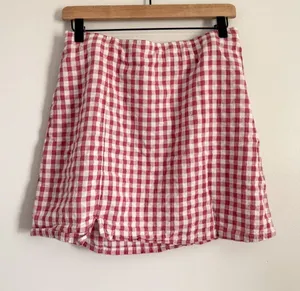 American Eagle Pink Gingham Mini Skirt Ruched Side Cottagecore M thumbnail 1