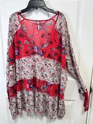 Free People Red and Cream Floral Patchwork V-Neck Tunic thumbnail 2