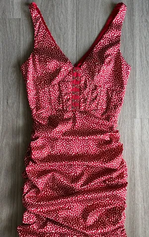 Oh Polly Red and White Print Ruched Mini Dress thumbnail 1