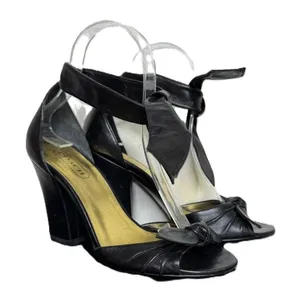 Coach Black Leather Peep-Toe Heels, Ankle Tie, 3.5" Block Heel, Size 6B thumbnail 1