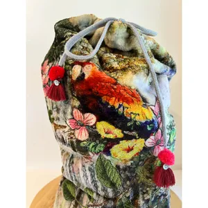 Johnny Was Cozy Plush Drawstring Bucket Sling Bag Large Tropical Parrot Jungle thumbnail 10