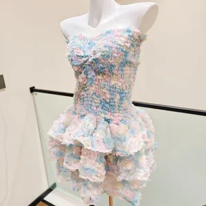 Women Pastel Strapless Mini Dress 3D Floral Ruffle Tiered Skirt Smocked Bodice Twisted Front thumbnail 3