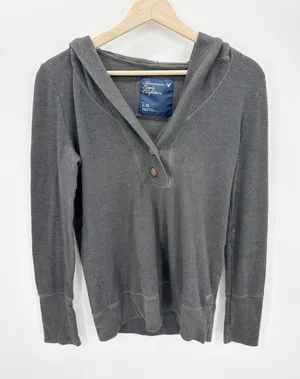 Y2K‎ American Eagle Gray Thermal Pullover Sweater Hooded Shawl Neck Women Large thumbnail 1