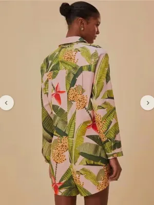 Farm Rio Pink Banana Leaves Linen Jumpsuit Small Long Sleeve Tropical Vacay Chic thumbnail 3