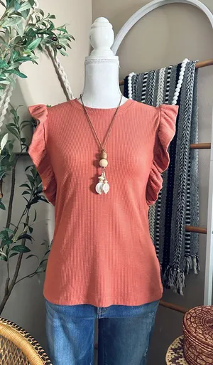 Grace + Karma Rust Burnt Orange Ribbed Flutter Sleeve Top Small Fall Boho thumbnail 1