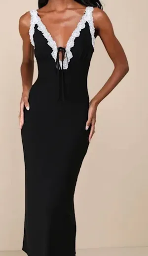 Lulu's Elegant Black Maxi Dress with White Lace thumbnail 1