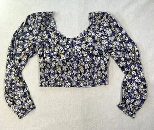 Elodie Blouse Women's Blue Floral Boho Peasant Crop Top Long Puff Slv Size L thumbnail 1
