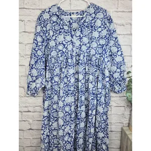 House of Sundar Maya Midi Dress 3XL Blue Iris Block Print Cotton Cottagecore thumbnail 5