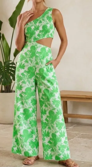 One sleeve backless jumpsuit size L Green Size L thumbnail 1