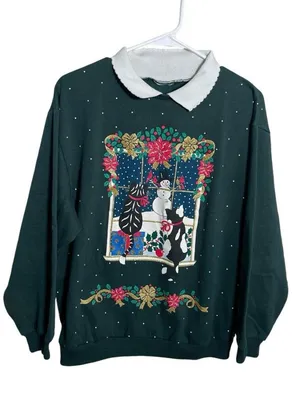 Cat Christmas sweatshirt Green Size M thumbnail 1