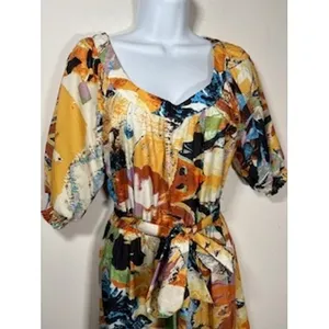 FLYING TOMATO Midi Dress Small Abstract Floral Tiered Boho Puff‎ Sleeve Art Belt thumbnail 3