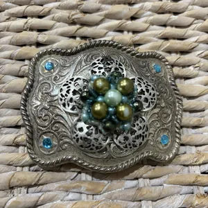 silver belt buckle western Wavy Rectangular Blue Gold Beaded Jeweled Cowboy‎ thumbnail 2