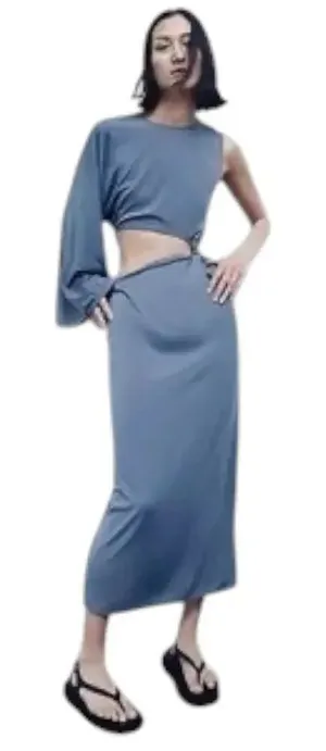 ZARA One-Shoulder Waist Cut Out Midi Dress Slate Blue NWT Size L Boho Chic thumbnail 1