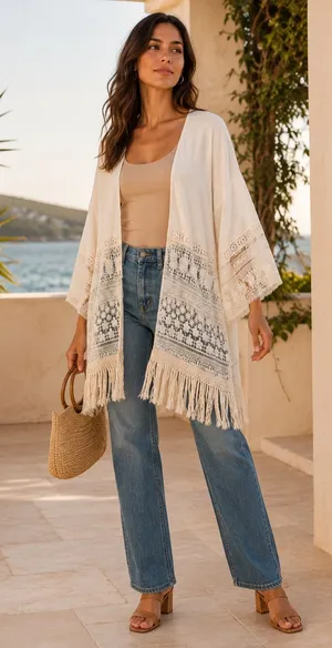 Anthropologie NWT Ivory Lace Fringe Kimono Cardigan Boho Size L Festival Bohemian Cardigan thumbnail 1