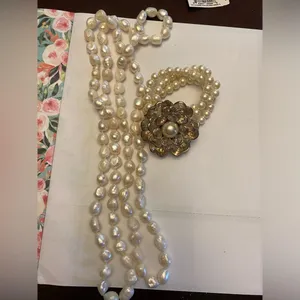 Faux Pearl Jewelry Set- Long Necklace and Floral Bracelet thumbnail 1
