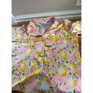 Pink Lemon Print Pajama Set Button Down Long Sleeve Pants Small thumbnail 9