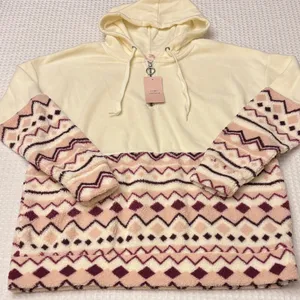 NEW! COMO VINTAGE Fleece Hoodie Sweatshirt Size L Ivory Pink Purple Geometric thumbnail 1