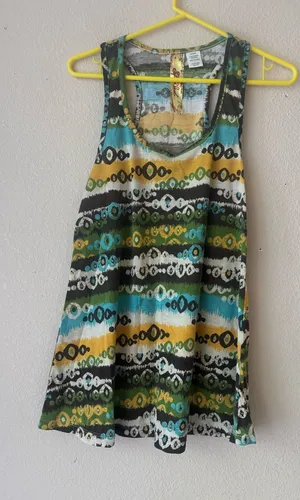 Sleeveless Striped Pattern Swing Tank Top - Teal, Yellow, Green thumbnail 1