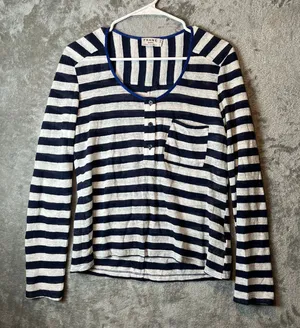 Frame Nautical Striped 100% Linen Henley Top Size Small Worn on Young and Hungry thumbnail 1
