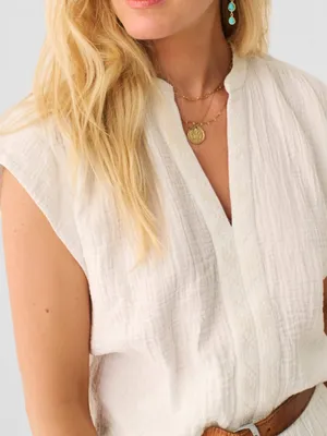 Faherty Lucia Sleeveless Split V-Neck White Dream Cotton Gauze Top XL thumbnail 1