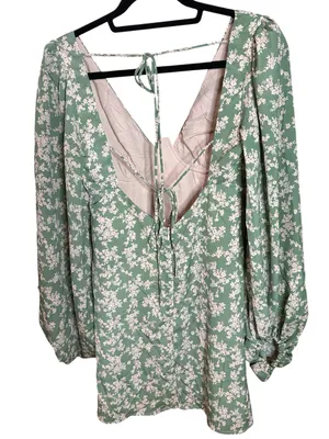 Fortunate One Garden Chic Mini Dress Green & White Floral. Voluminous Sleeves thumbnail 4