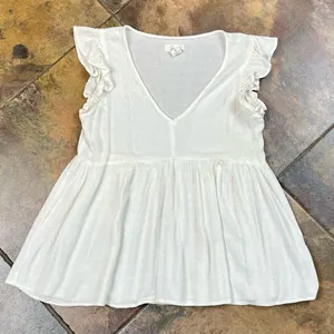 Japna 100% Viscose White Boho Cap Sleeve V-neck Peasant Top Babydoll Small thumbnail 3