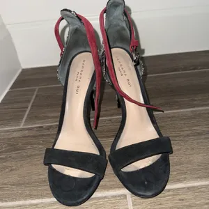 Barbara Bui black‎ suede heels Black White patterned Back Red ankle strap 38.5 Size 8.5 thumbnail 8
