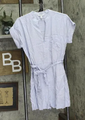 Nine West Womens Rolled Cuff Belted Woven Romper Blue M thumbnail 1