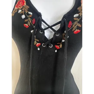 American Eagle Black Floral Embroidered Lace Up Bodysuit Womens Small S Boho Y2K thumbnail 3