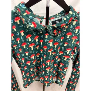 Standard Issue Mushroom Print Ruffle Collar Long Sleeve Top Green Red Small thumbnail 2