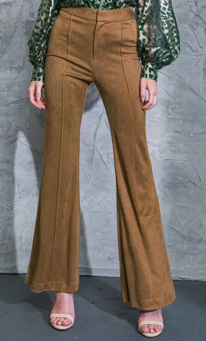 Flying Tomato NWT Faux Suede Flare Pants Biscotti Brown Pintuck Wide Leg Small thumbnail 1